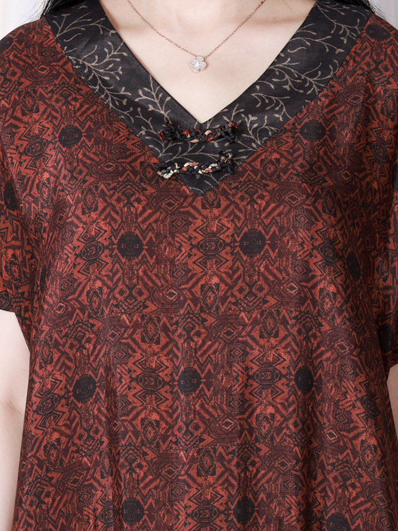 Red V-Neck Patchwork Floral Print Short Sleeve Pleated A-Line Maxi Dress 4
