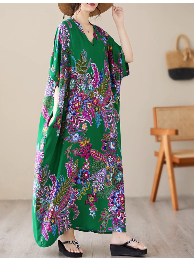 V-Neck Floral Paisley Print Batwing Sleeve Kaftan Maxi Dress 7