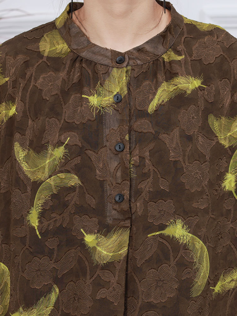 Stand Collar Half Sleeve Feather Print Loose Maxi Dress 5