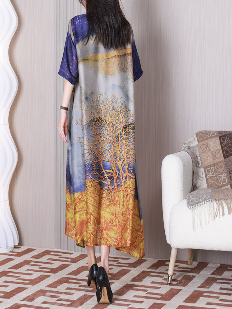 Round Neck Tree Print Half Sleeve Loose Silk Maxi Dress