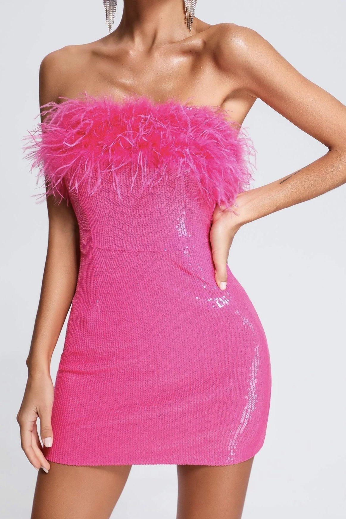 Sequin Faux Fur Trim Off-Shoulder Strapless Party Dress