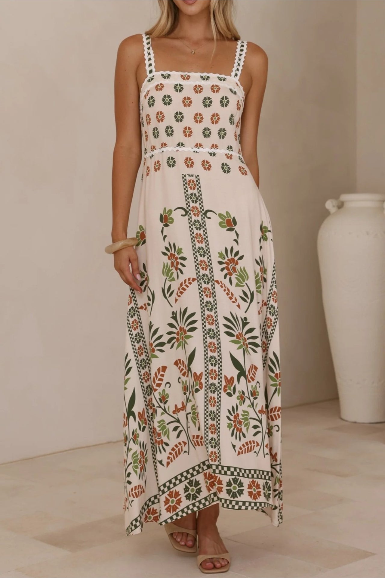 Square Neck Lace Trim Empire Waist Geometric Floral Border Maxi Dress 11