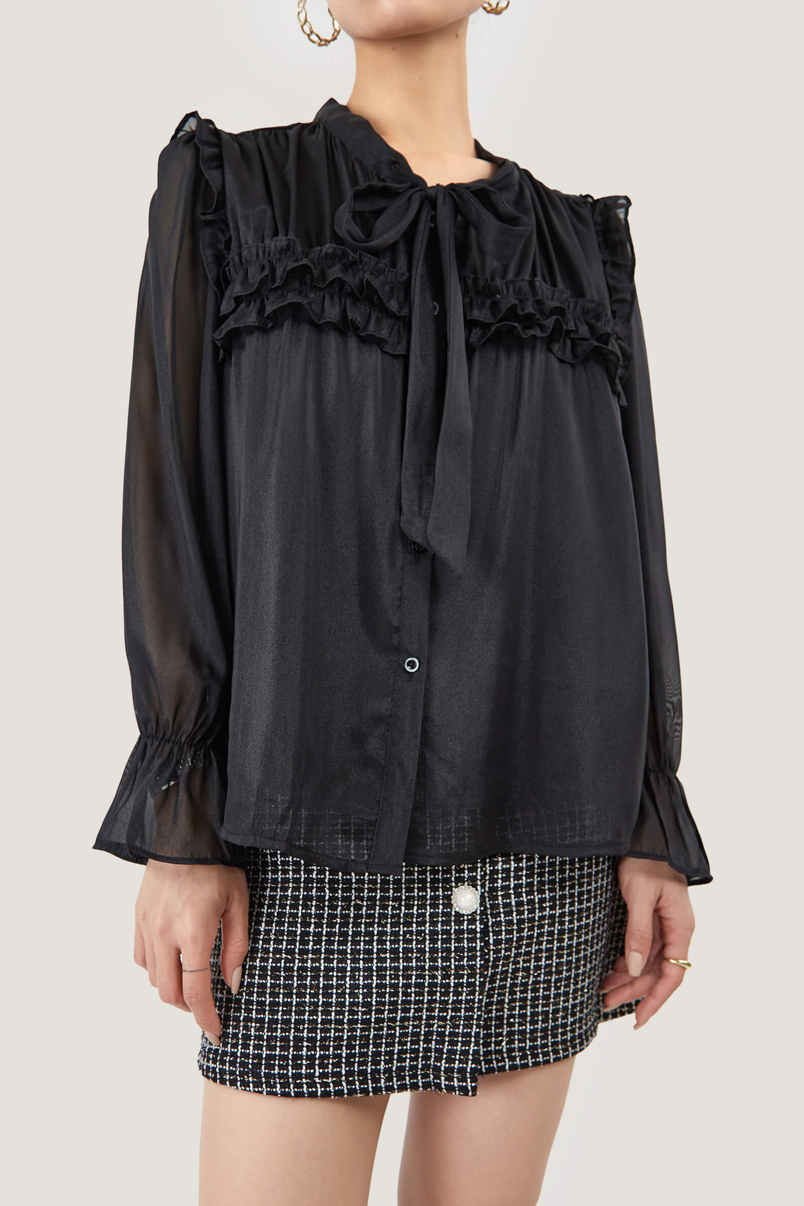 Tie-Neck Ruffle Pleated Blouse