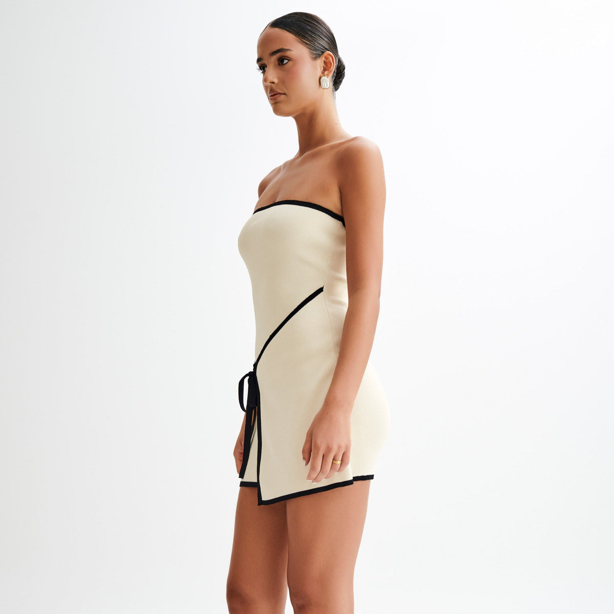 Ivory Strapless Contrast Trim Knit Wrap Tie Bodycon Mini Dress 9