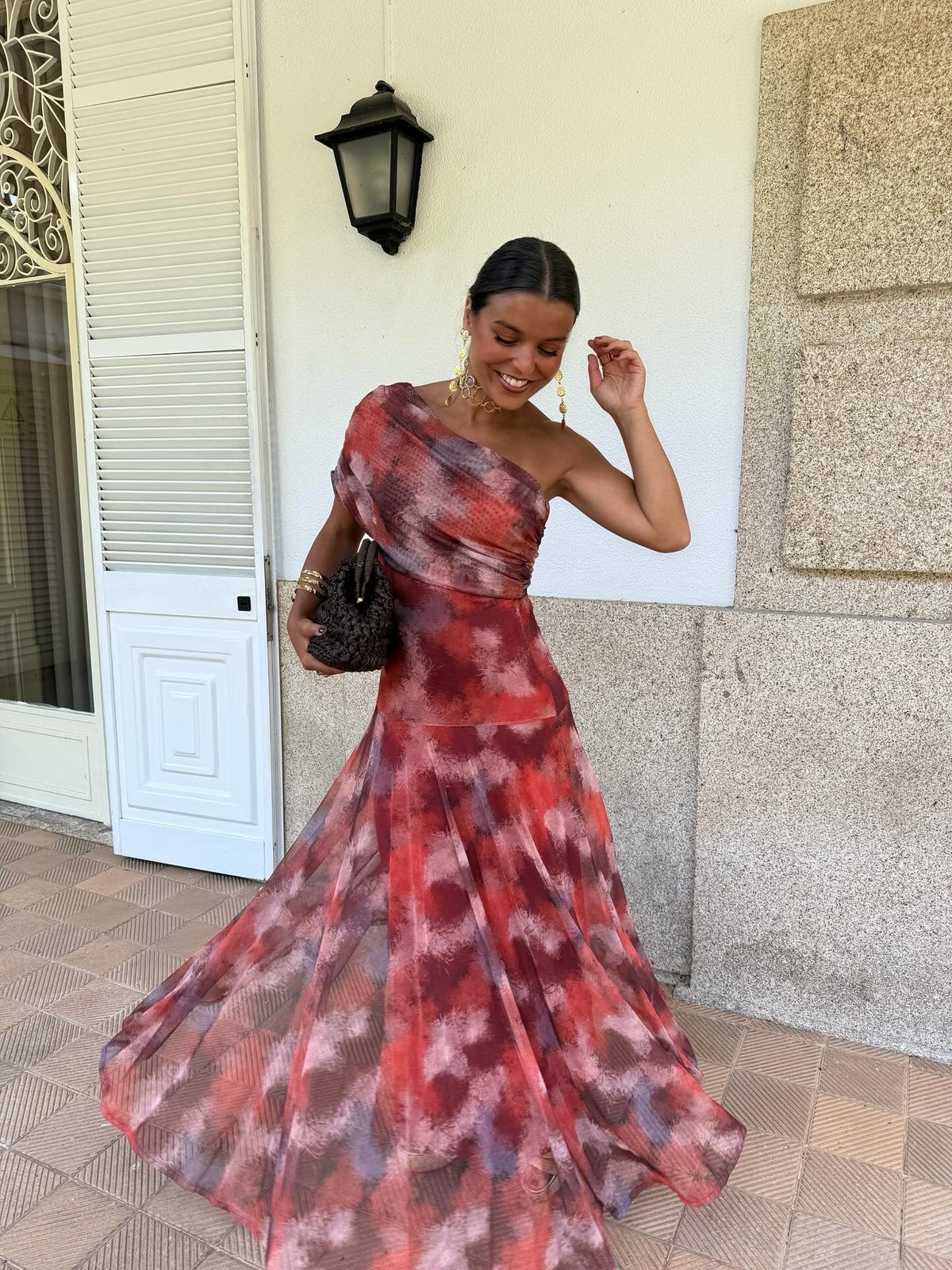 One-Shoulder Ruched Abstract Print Flowy Maxi Dress 3