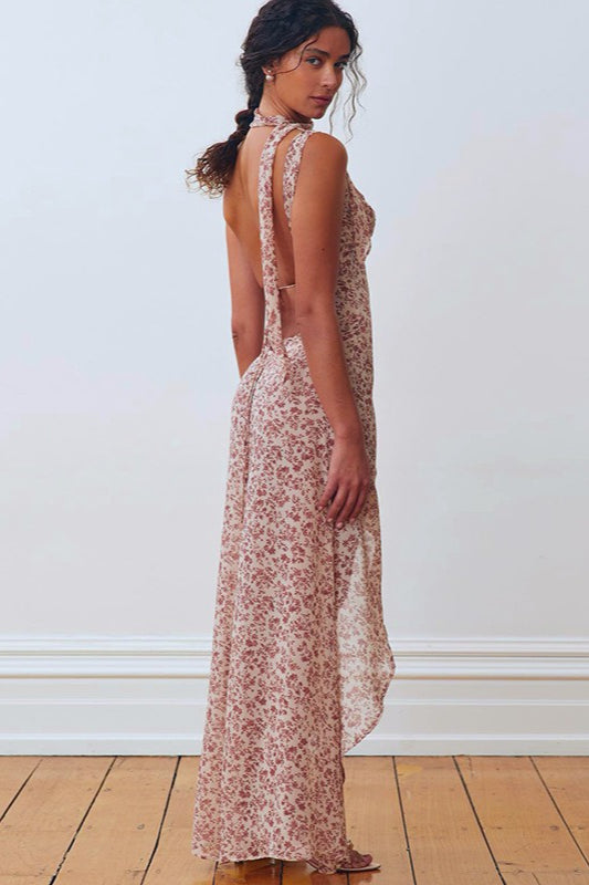 Red Spaghetti Strap Backless Ditsy Floral Print A-Line Maxi Dress 3