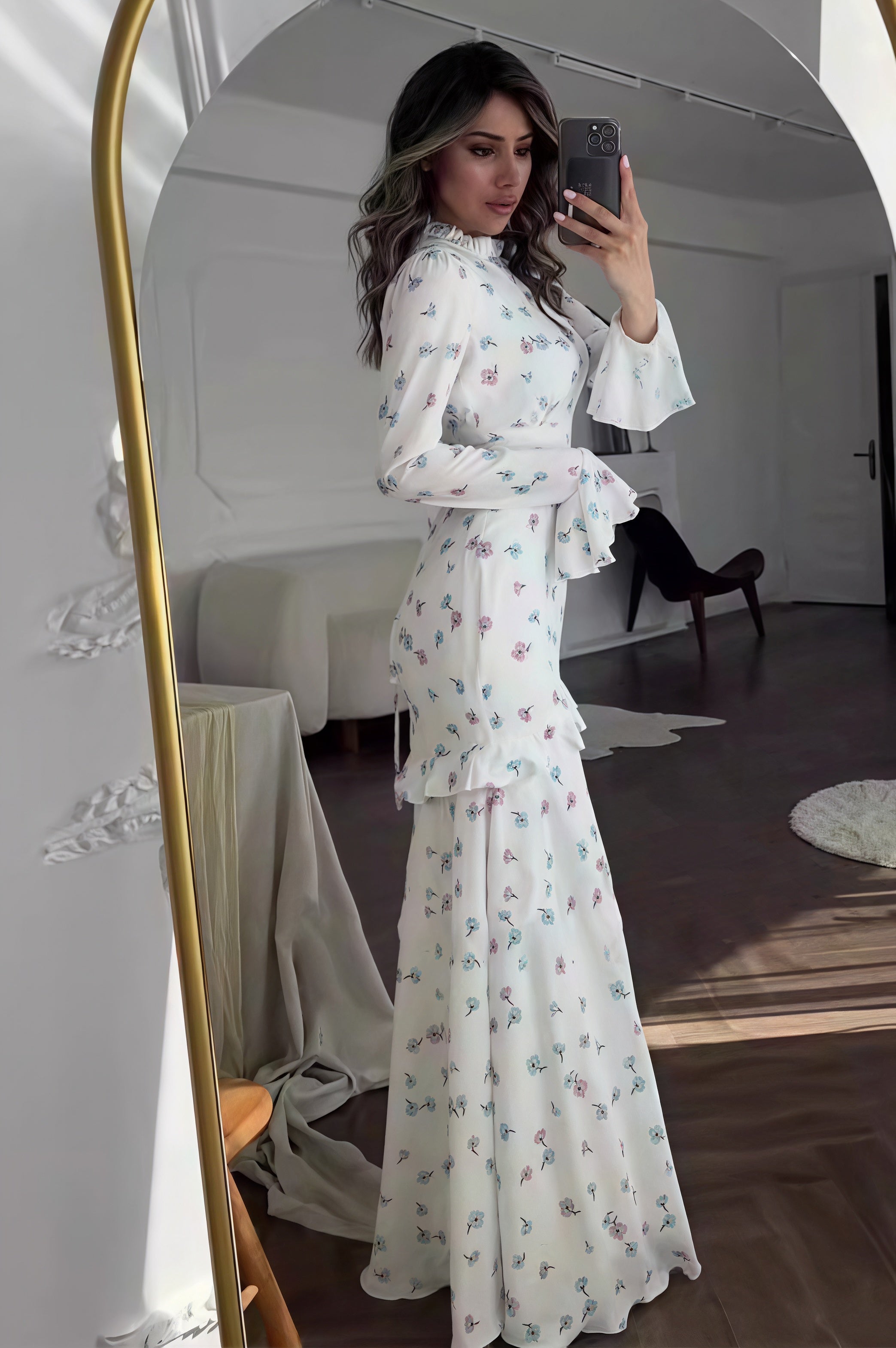 White Mock Neck Long Sleeve Bell Cuff Tiered Ruffle Ditsy Floral Maxi Dress 2