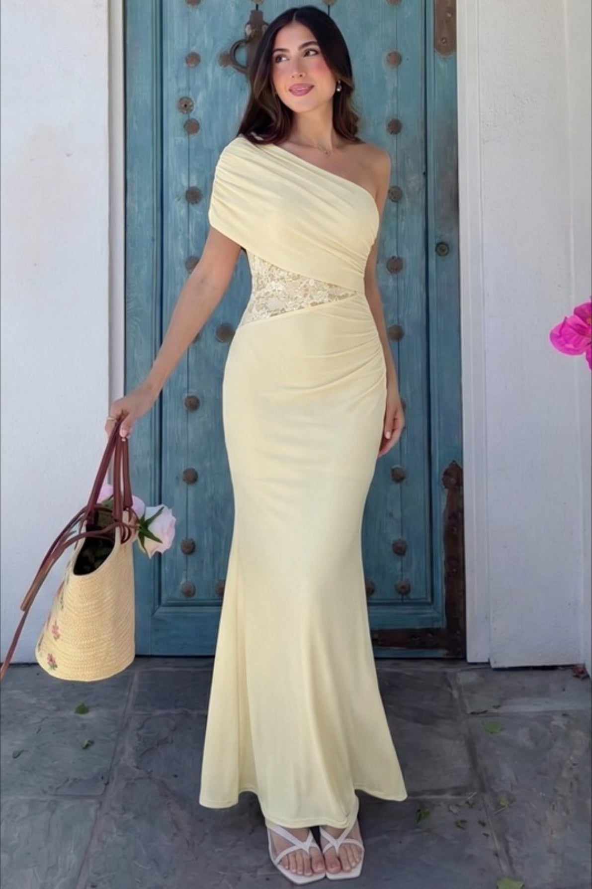 One Shoulder Ruched Waist Cinch Maxi Slim Bodycon Dress