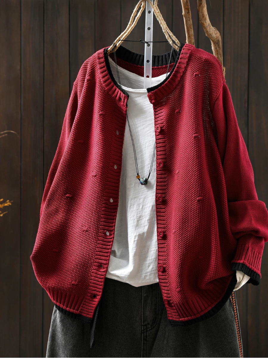 Textured Knit Button-Front Round Neck Long Sleeve Cardigan 3