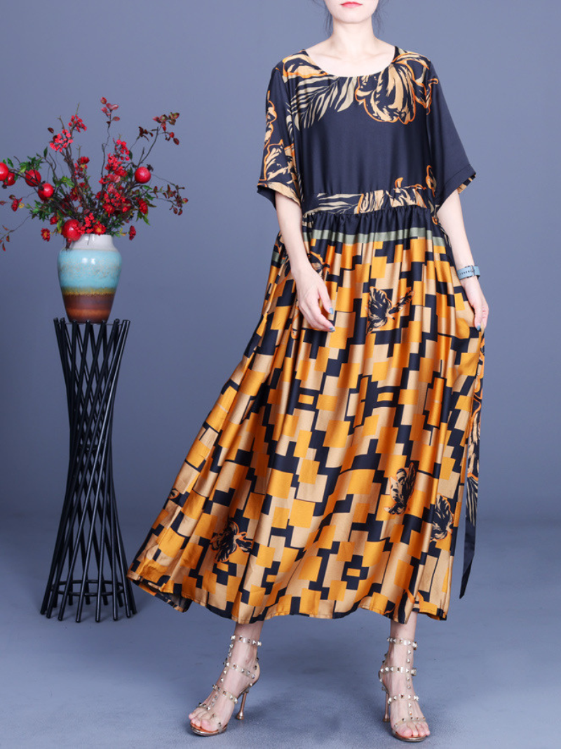 Round Neck Floral Geometric Print Short Sleeve Drawstring A-Line Midi Dress 5