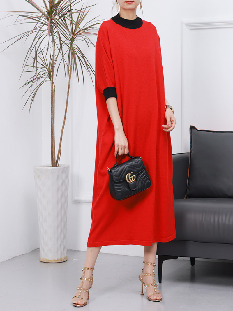 Red Contrast Mock Neck Half Sleeve Loose Knit Shift Maxi Dress