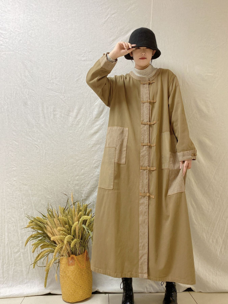 Stand Collar Frog Button Patch Pocket Long Coat 4