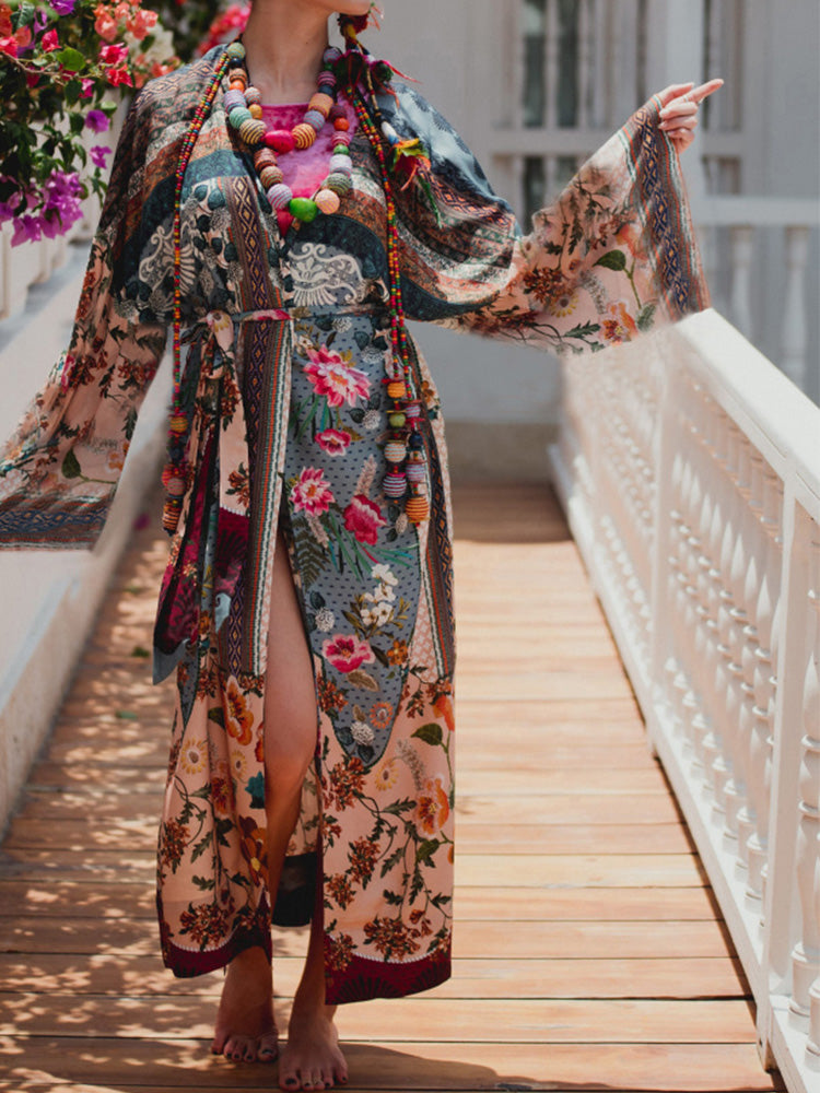 Multicolor Mixed Floral Print Belted Open Front Long Kimono Robe 5