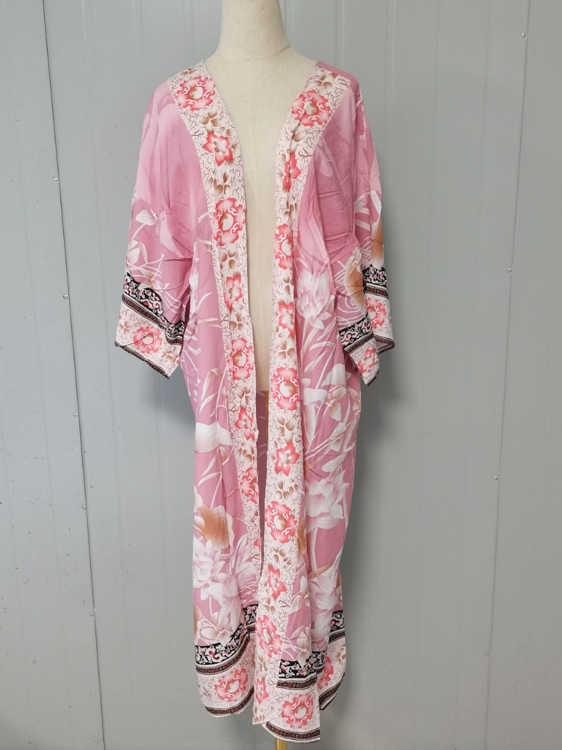 Floral Print Wide Sleeve Open Front Long Kimono 2
