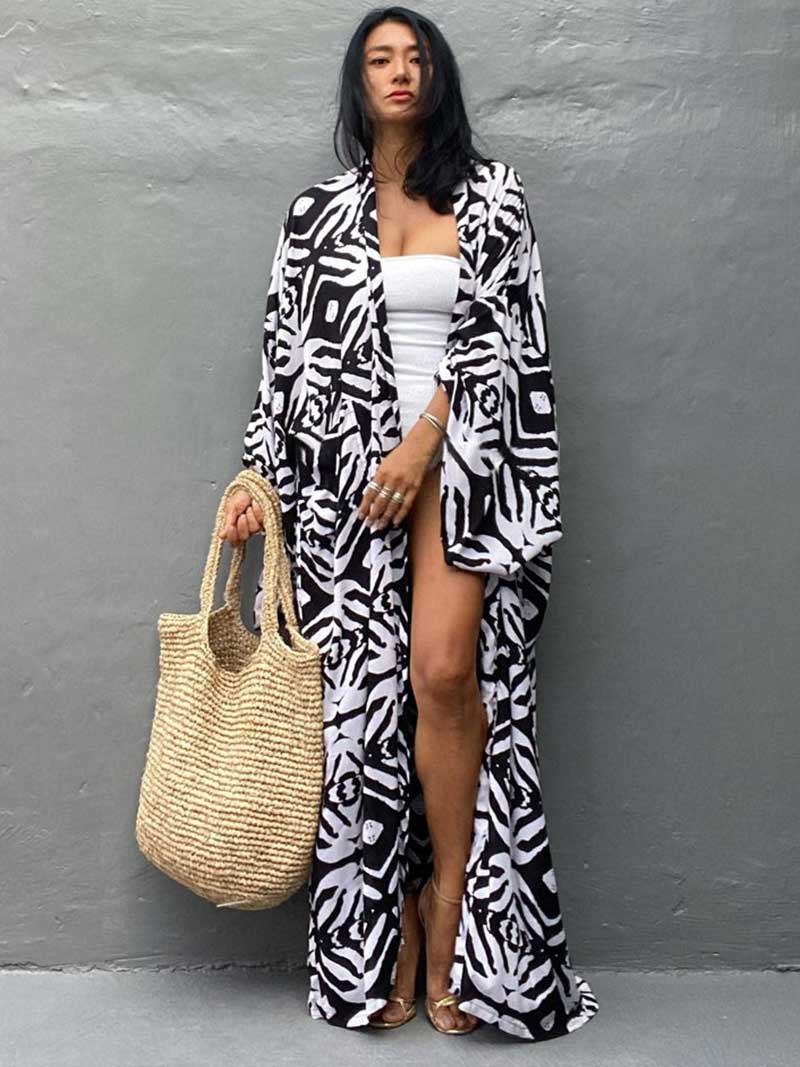 Open Front Abstract Print Belted Long Kimono Robe 28
