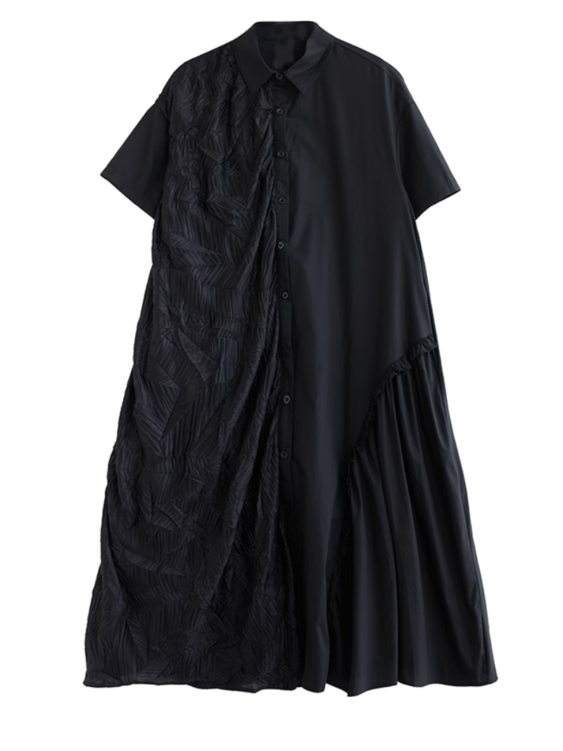 Collared Short Sleeve Textured Panel Ruffle A-Line Midi Dress 2