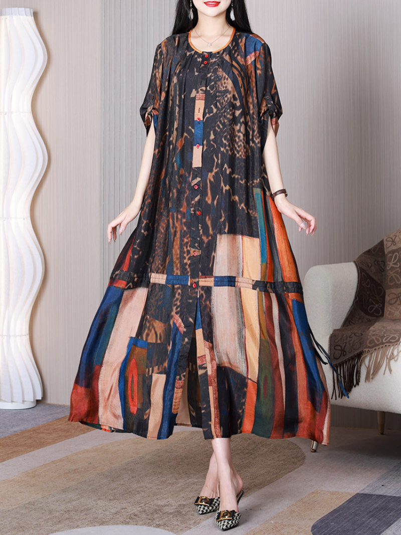 Coffee Round Neck Short Sleeve Button Front Abstract Print Shirt Maxi Dress