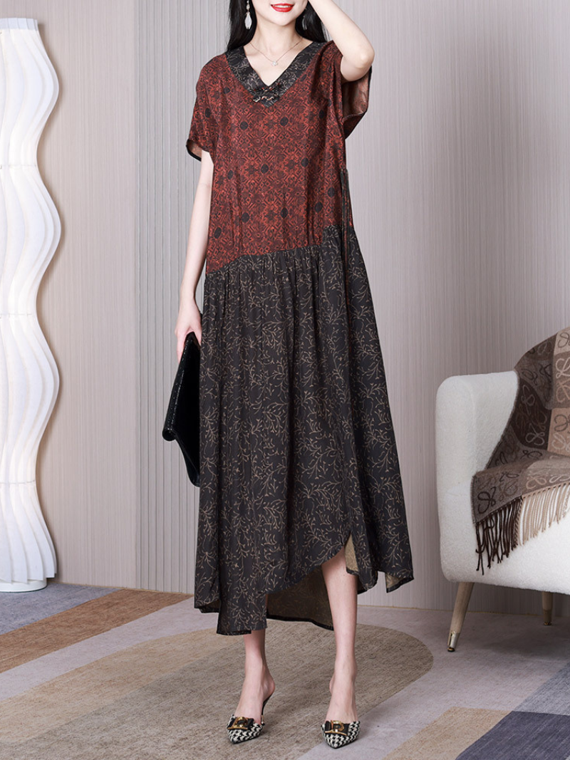 Red V-Neck Patchwork Floral Print Short Sleeve Pleated A-Line Maxi Dress 5