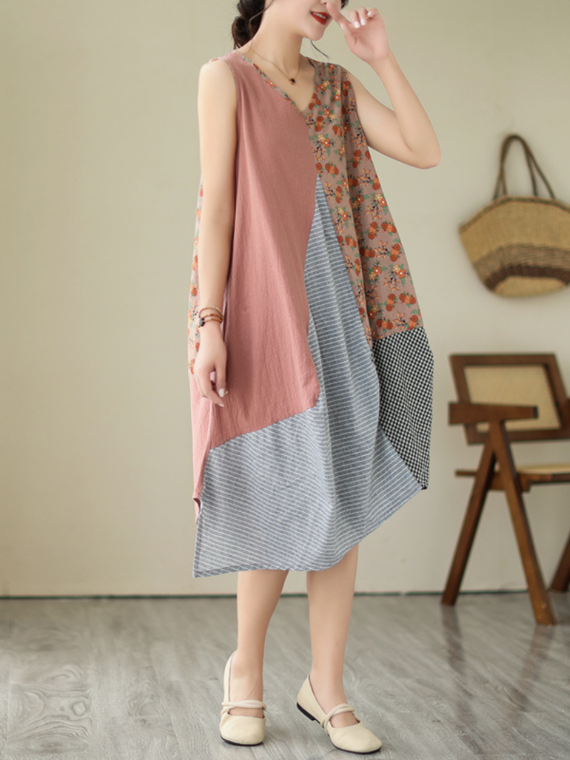 V-Neck Sleeveless Plaid Patchwork Cotton A-Line Midi Dress