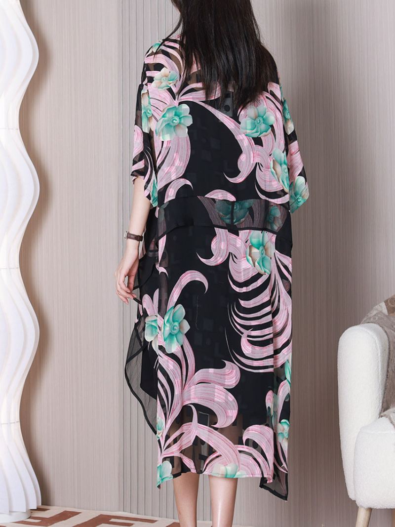 Pink Scoop Neck Floral Chiffon Overlay A-Line Midi Dress 5
