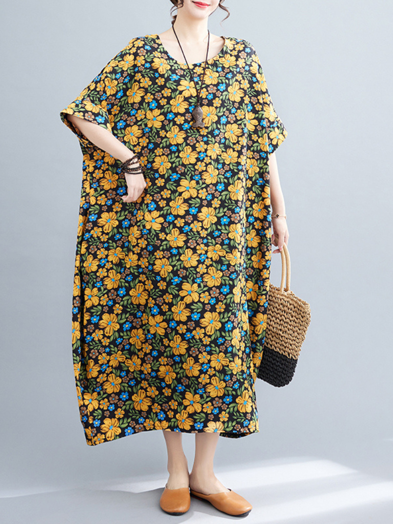 Multi Color Round Neck Floral Print Batwing Sleeve Loose A-Line Maxi Dress 3