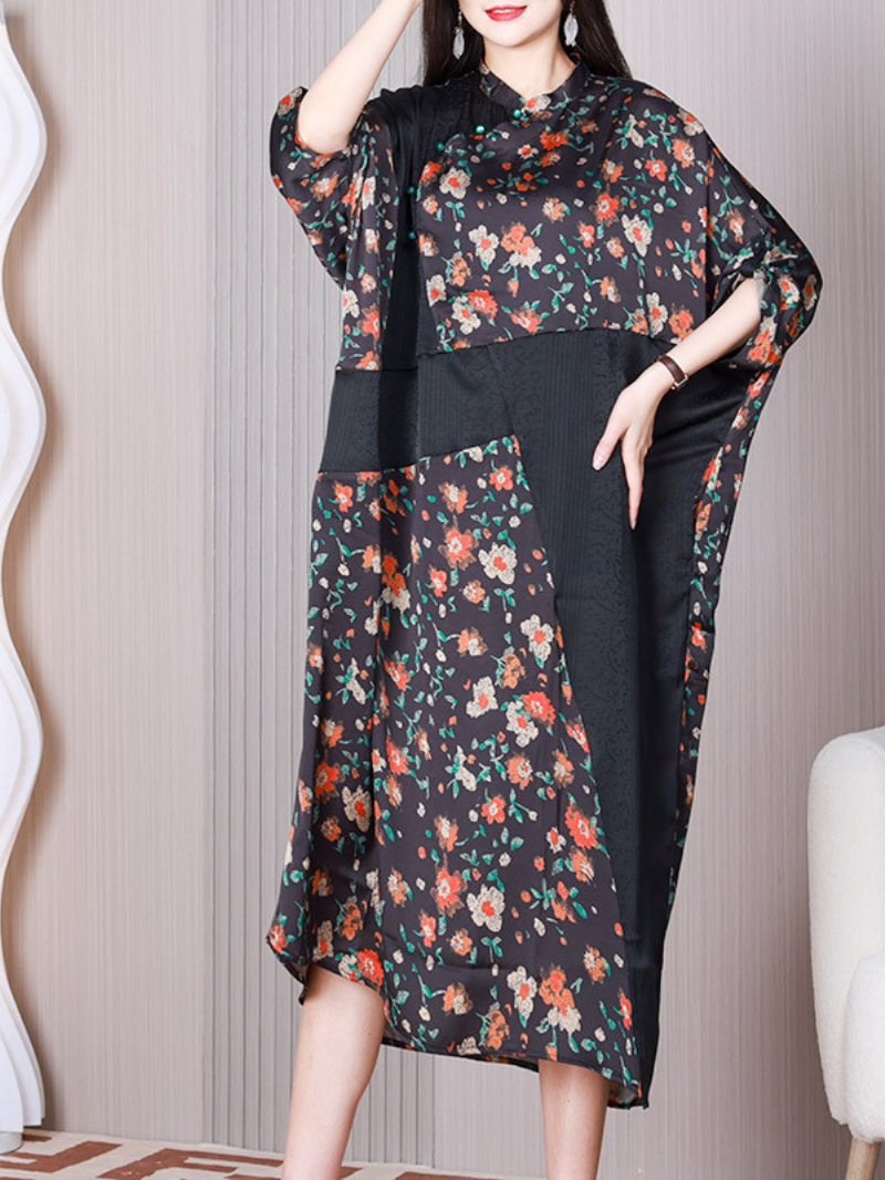 Black Stand Collar Ditsy Floral Print Batwing Sleeve Loose Midi Dress 4