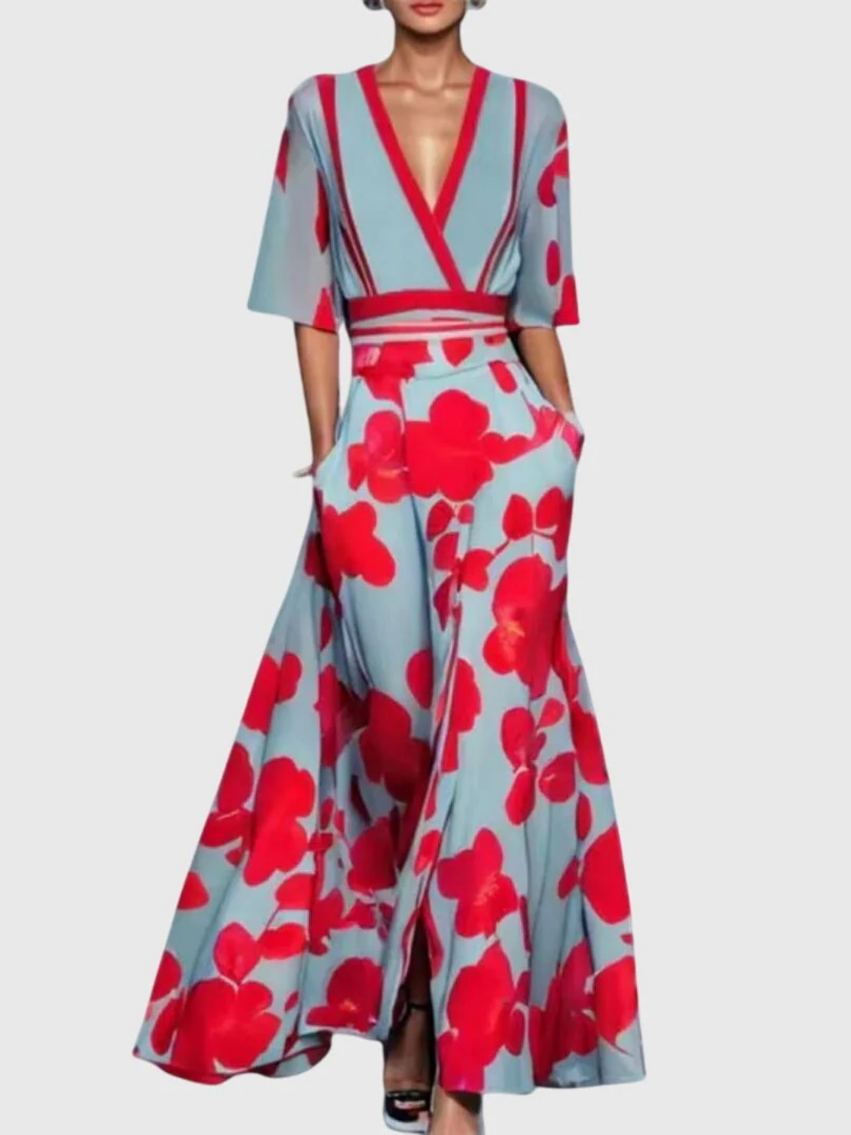 Deep V-Neck Half Sleeve Floral Print Tie Waist Flowy Maxi Dress