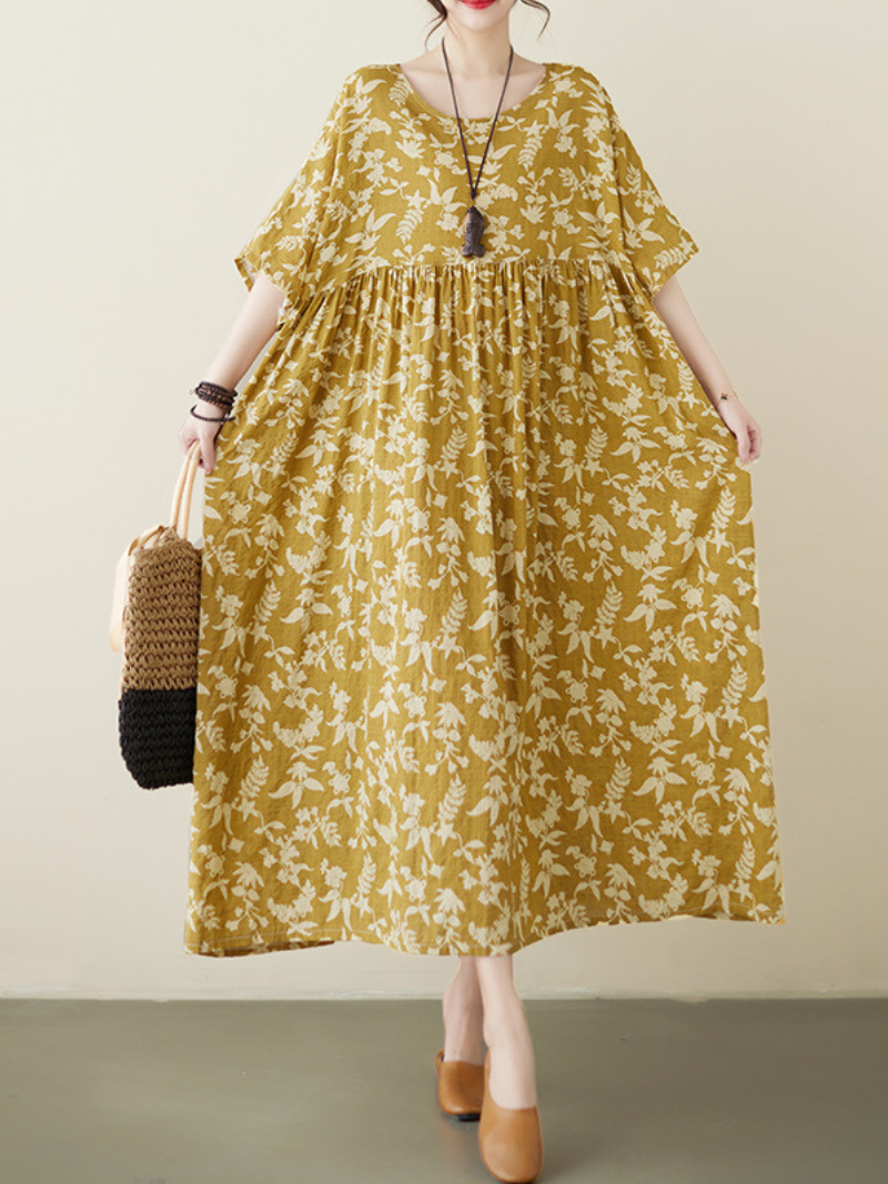 Yellow Round Neck Short Sleeve Floral Smock Loose Maxi Dress