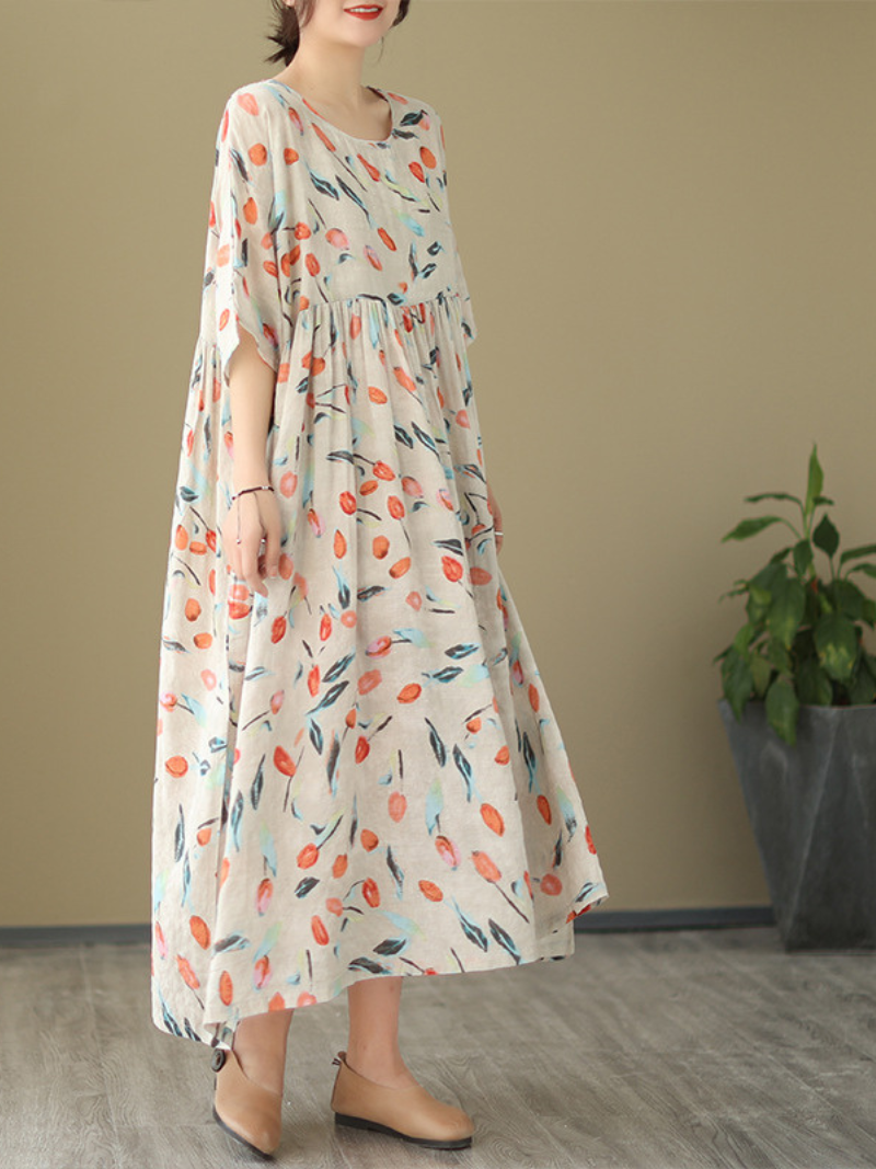 Multi Color Round Neck Floral Print Short Sleeve Pleated Loose Midi Dress 2