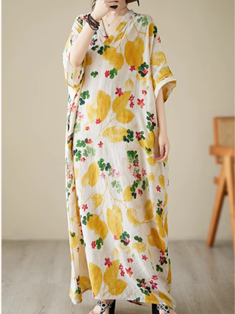 V-Neck Watercolor Floral Short Sleeve Loose Kaftan Maxi Dress 9