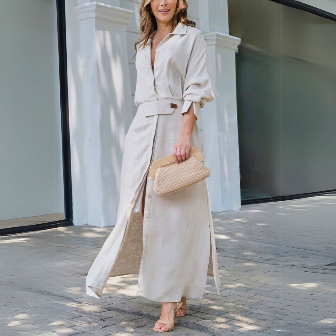 Collared Long Sleeve Belted Button-Front Linen Maxi Shirt Dress