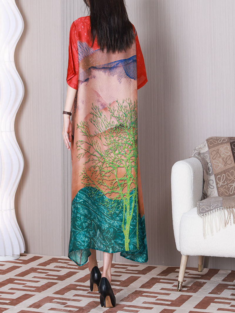 Round Neck Tree Print Half Sleeve Loose Silk Maxi Dress