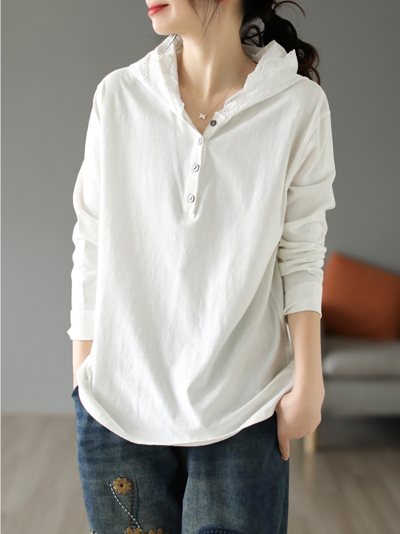 Lace Trim Hooded Button Placket Long Sleeve Loose Pullover Hoodie