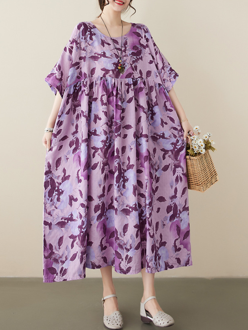 Purple Round Neck Flutter Sleeve Floral Print Pleated Midi Dress