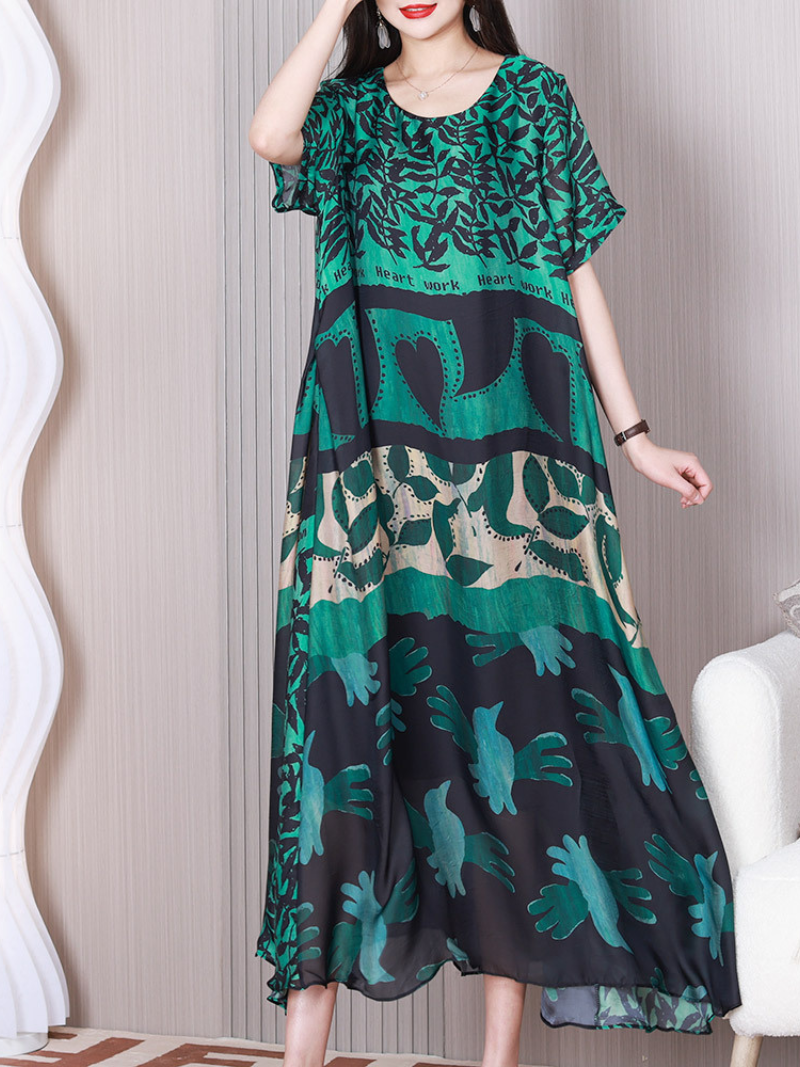 Round Neck Abstract Leaf Print Short Sleeve Loose Maxi Dress 2