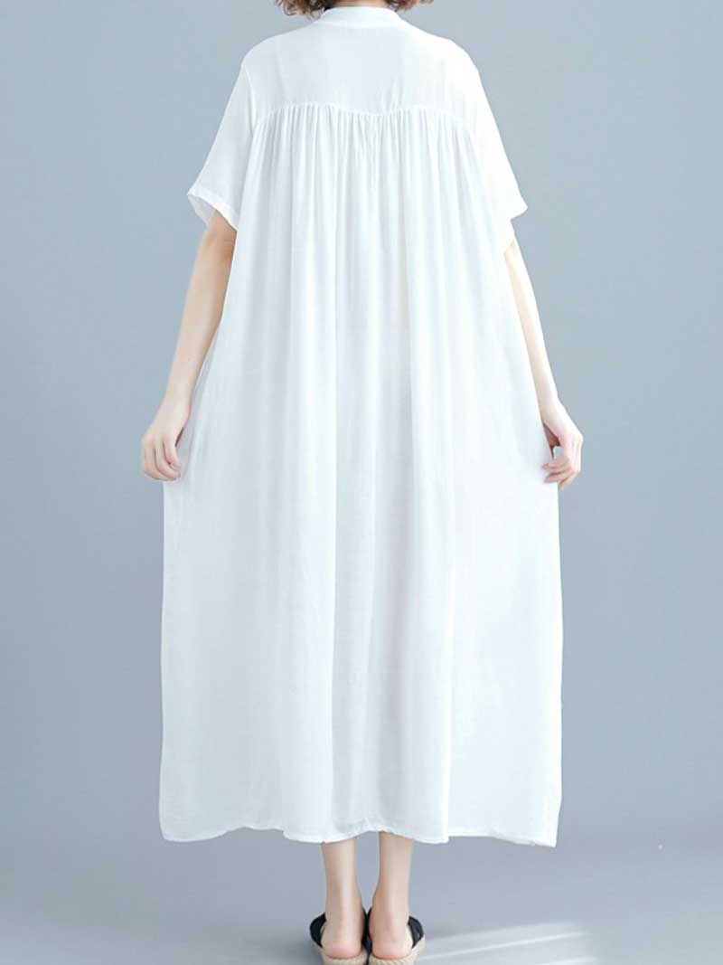 Button Front Short Sleeve Loose Cotton Shirt Maxi Dress 9