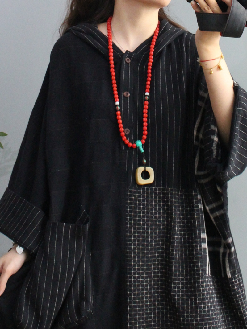 Hooded Long Sleeve Plaid Patchwork Patch Pocket Loose Midi Dress 3
