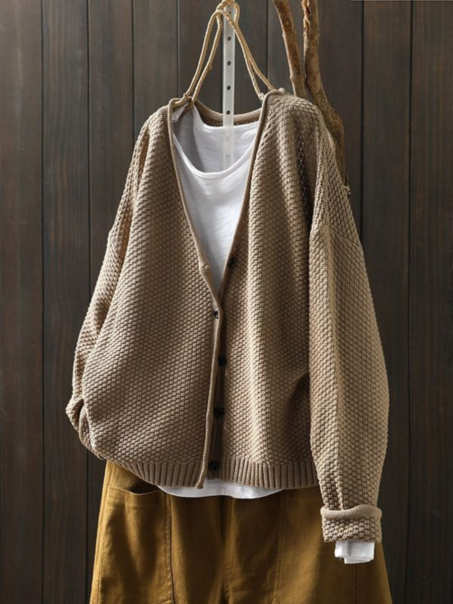 V-Neck Button Front Chunky Knit Long Sleeve Cardigan