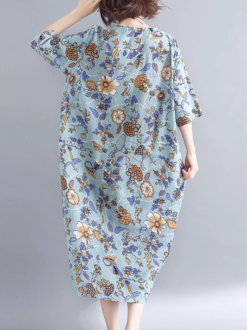 Round Neck Ditsy Floral Short Sleeve Loose Cotton Midi Dress 6