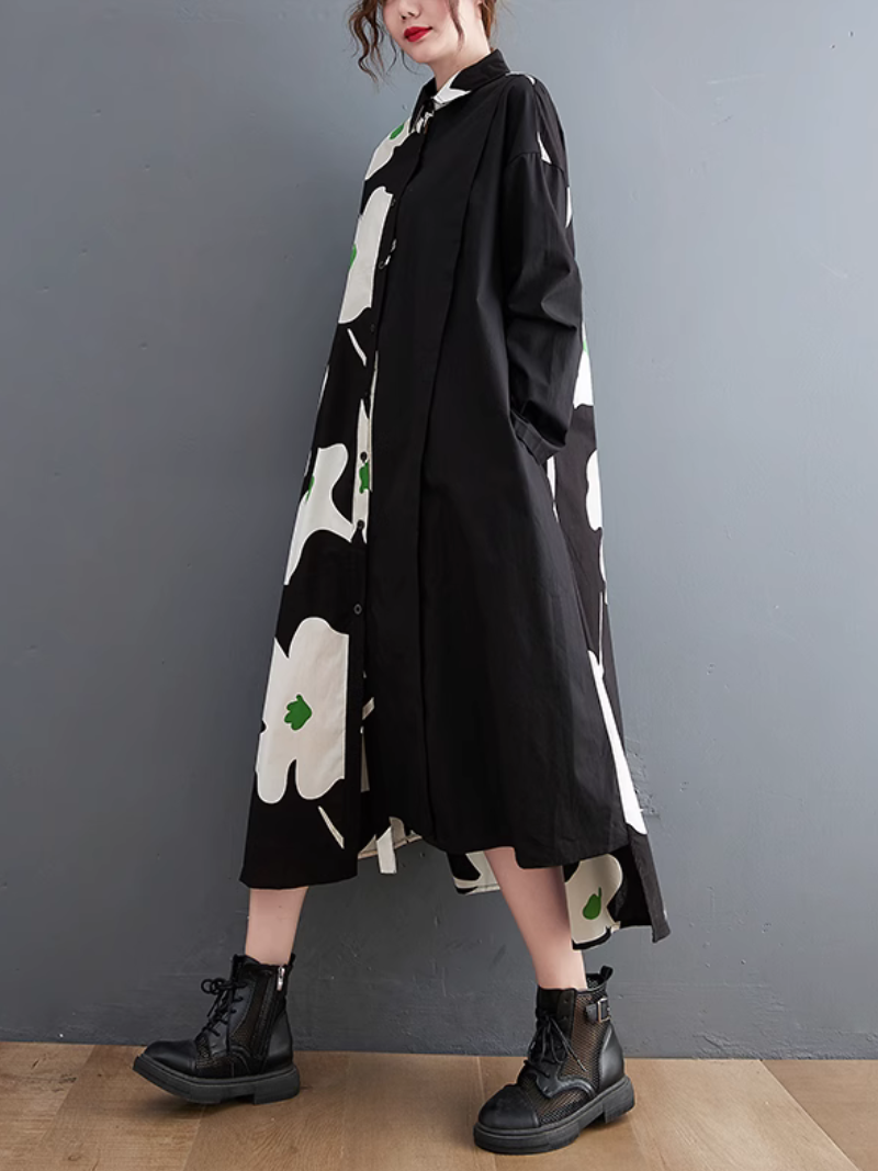 Collared Button Front Floral Print Long Sleeve Shirt Midi Dress