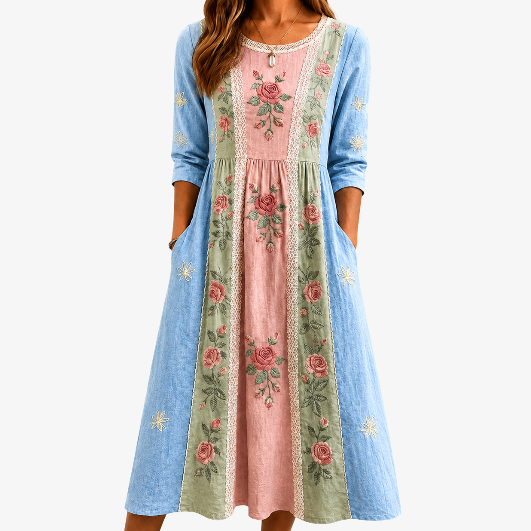 Round Neck Lace Trim Rose Floral Patchwork Midi Dress