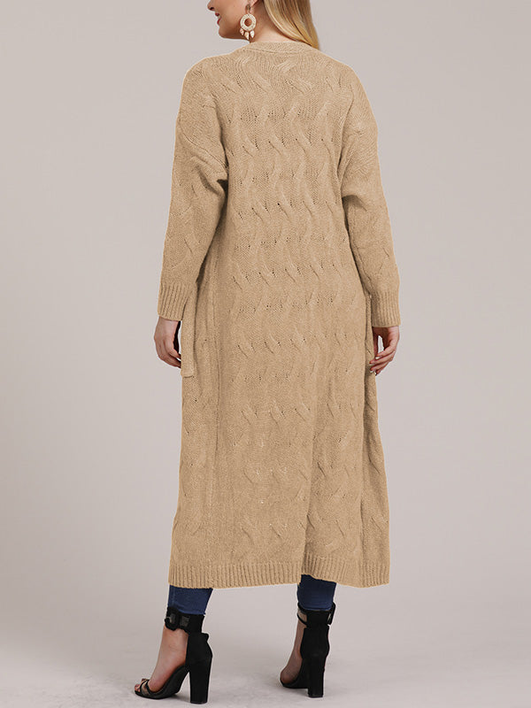 Open Front Cable Knit Pocket Longline Cardigan