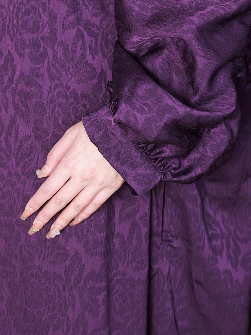 Purple V-Neck Tie Jacquard Long Sleeve Loose A-Line Midi Dress 2