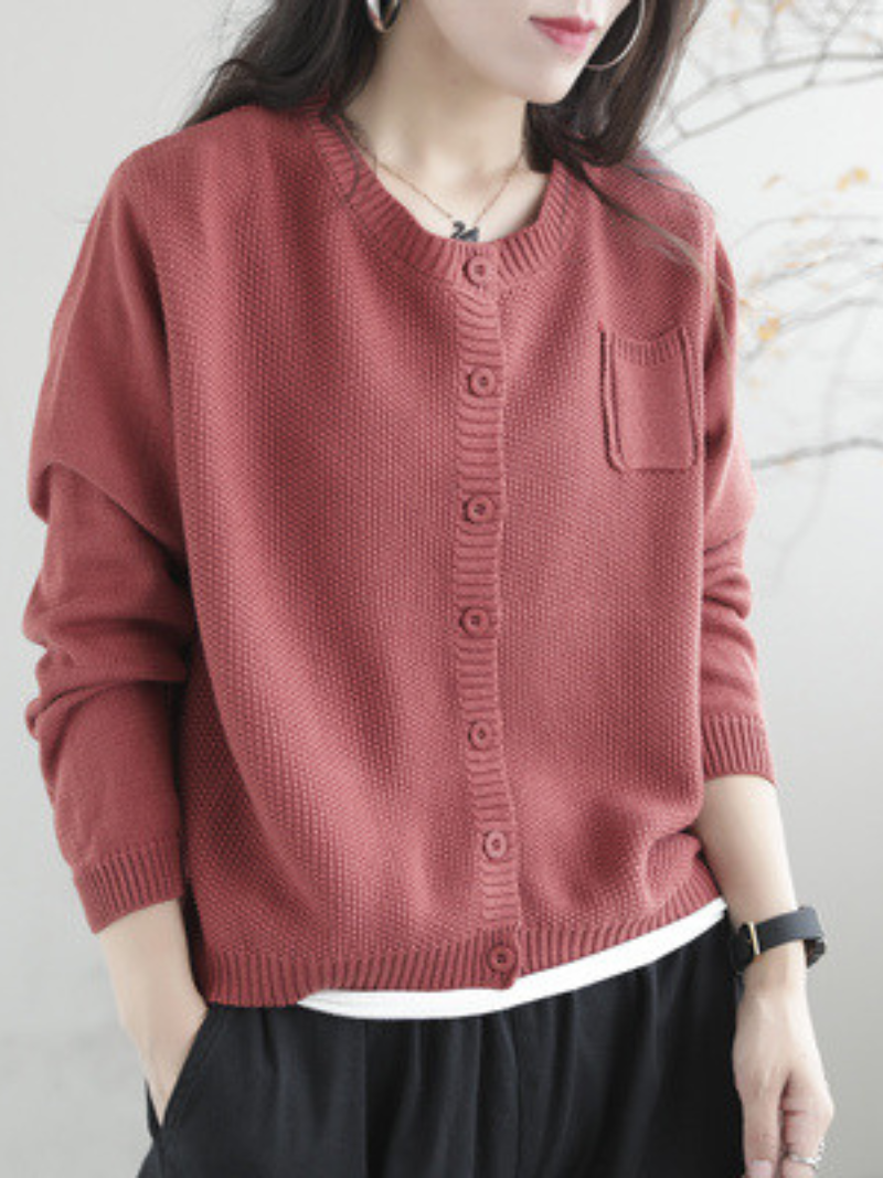 Round Neck Long Sleeve Button Front Patch Pocket Knit Cardigan