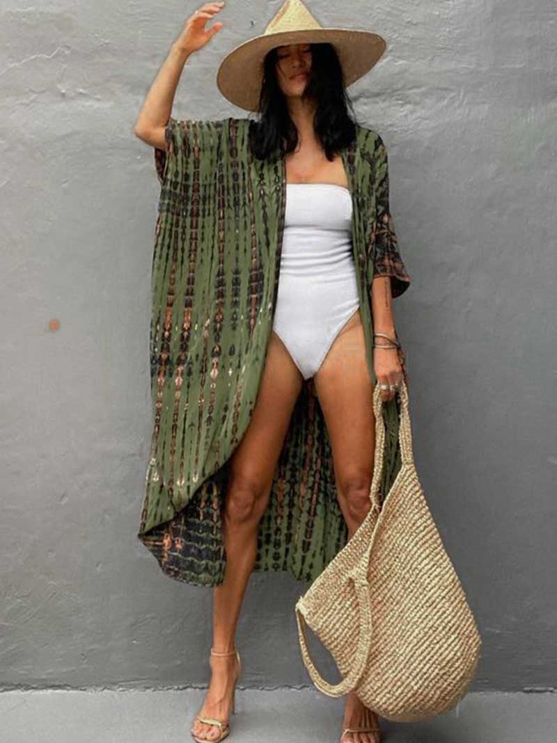 Tie-Dye Stripe Print Open Front Long Kimono Duster Robe 16