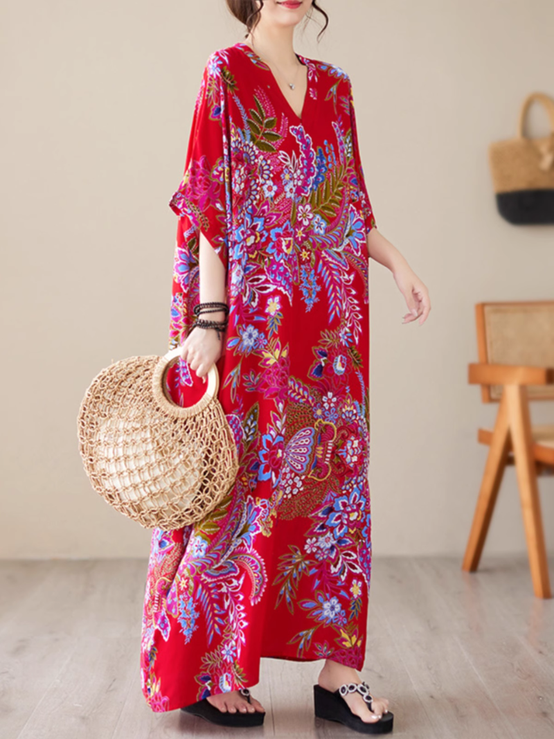 V-Neck Floral Paisley Print Batwing Sleeve Kaftan Maxi Dress 8
