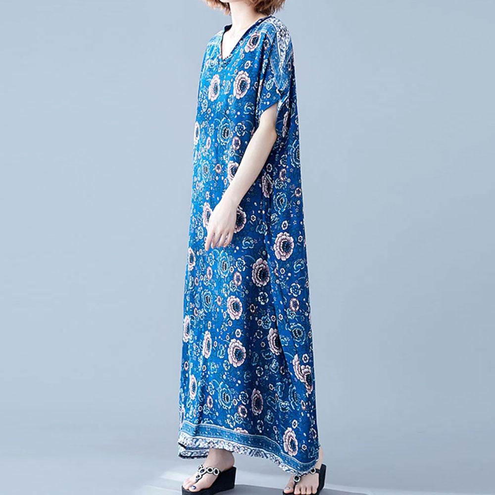 Blue V-Neck Floral Print Batwing Sleeve Loose Kaftan Maxi Dress 3