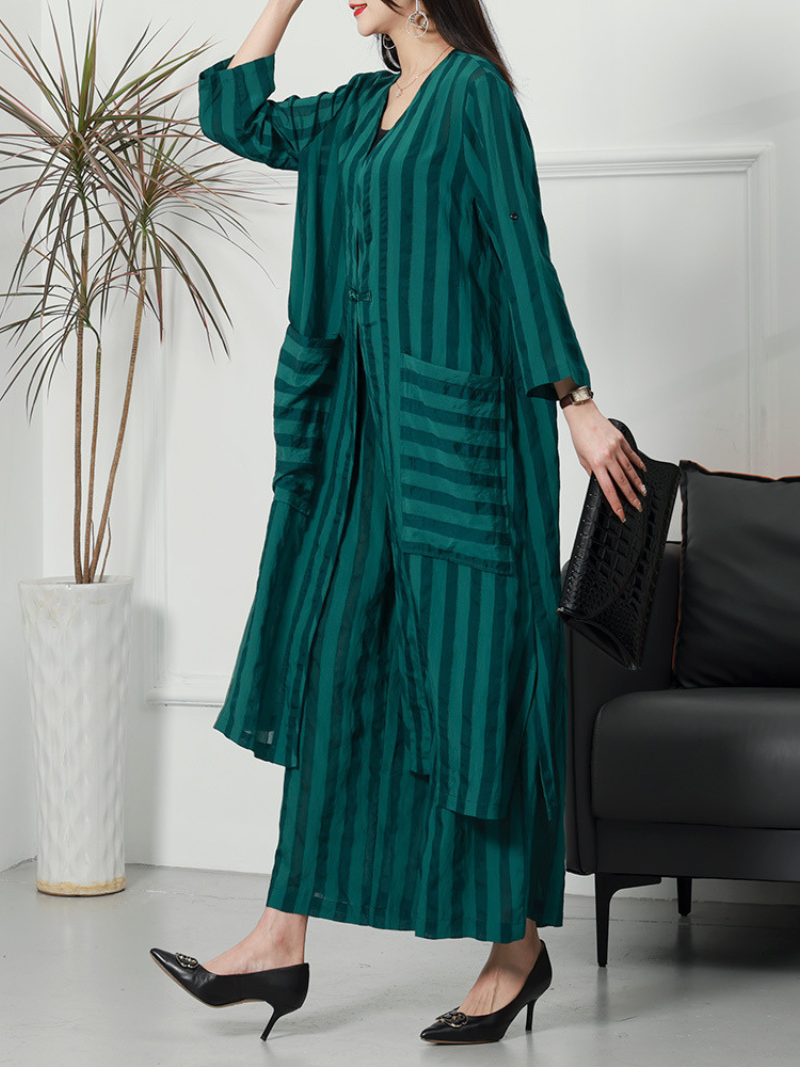 Textured Stripe Long Cardigan and Wide Leg Pants Set