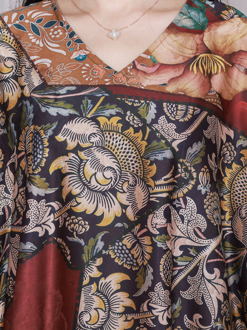 Red V-Neck Floral Print Batwing Sleeve Loose A-Line Midi Dress 4
