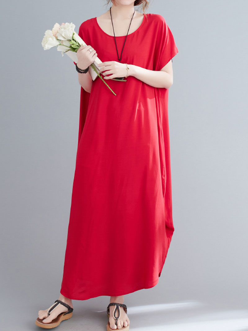 Round Neck Short Sleeve Loose Cocoon Maxi Dress 33